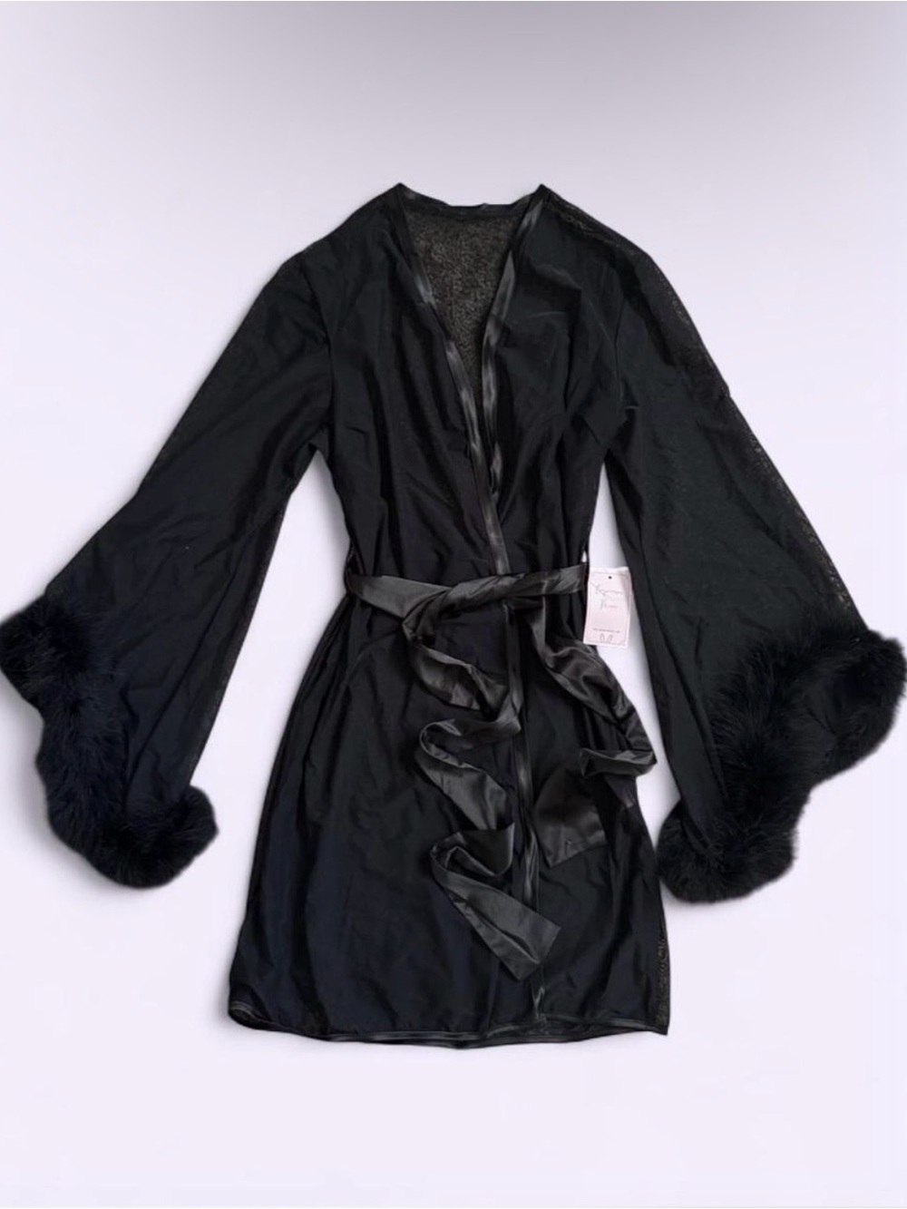 Empress Mimi Black Mesh Robe Bell Sleeve Feather Trim Lingerie Femme Fatale